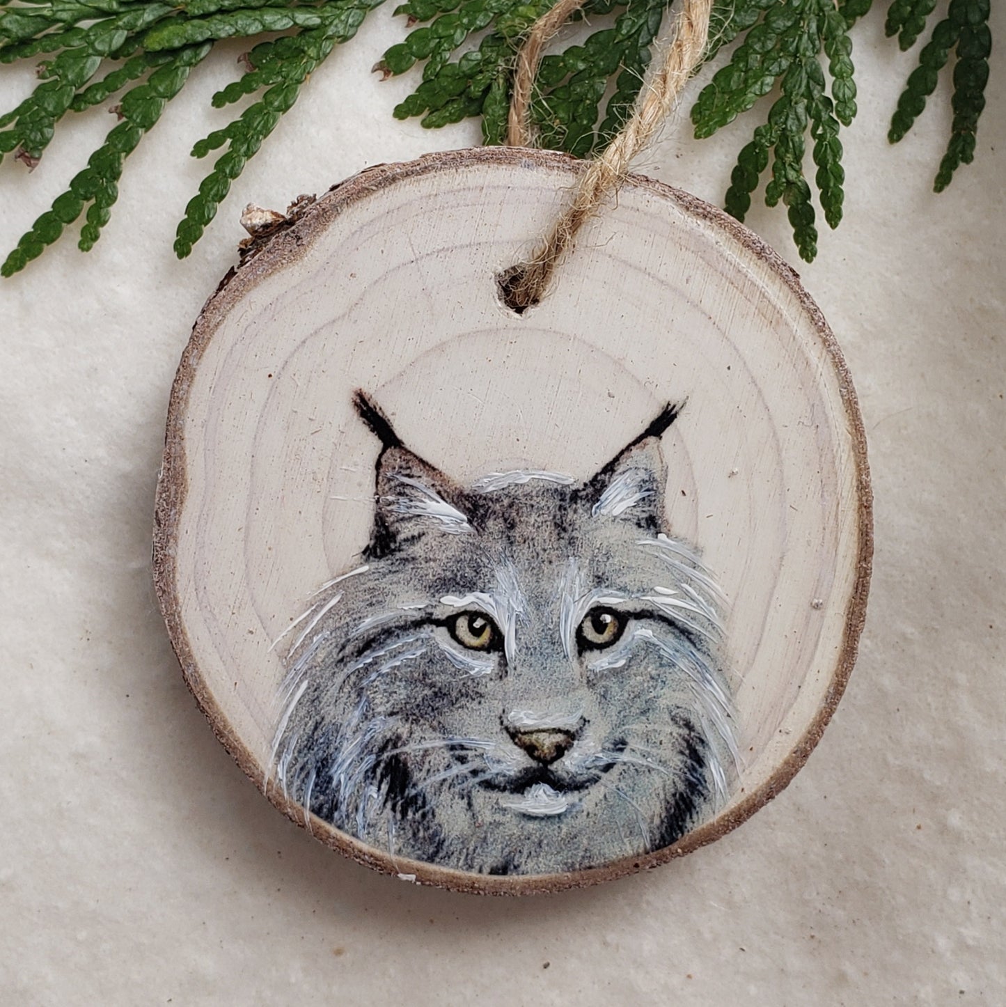 Lynx - wood slice, hand made ornament
