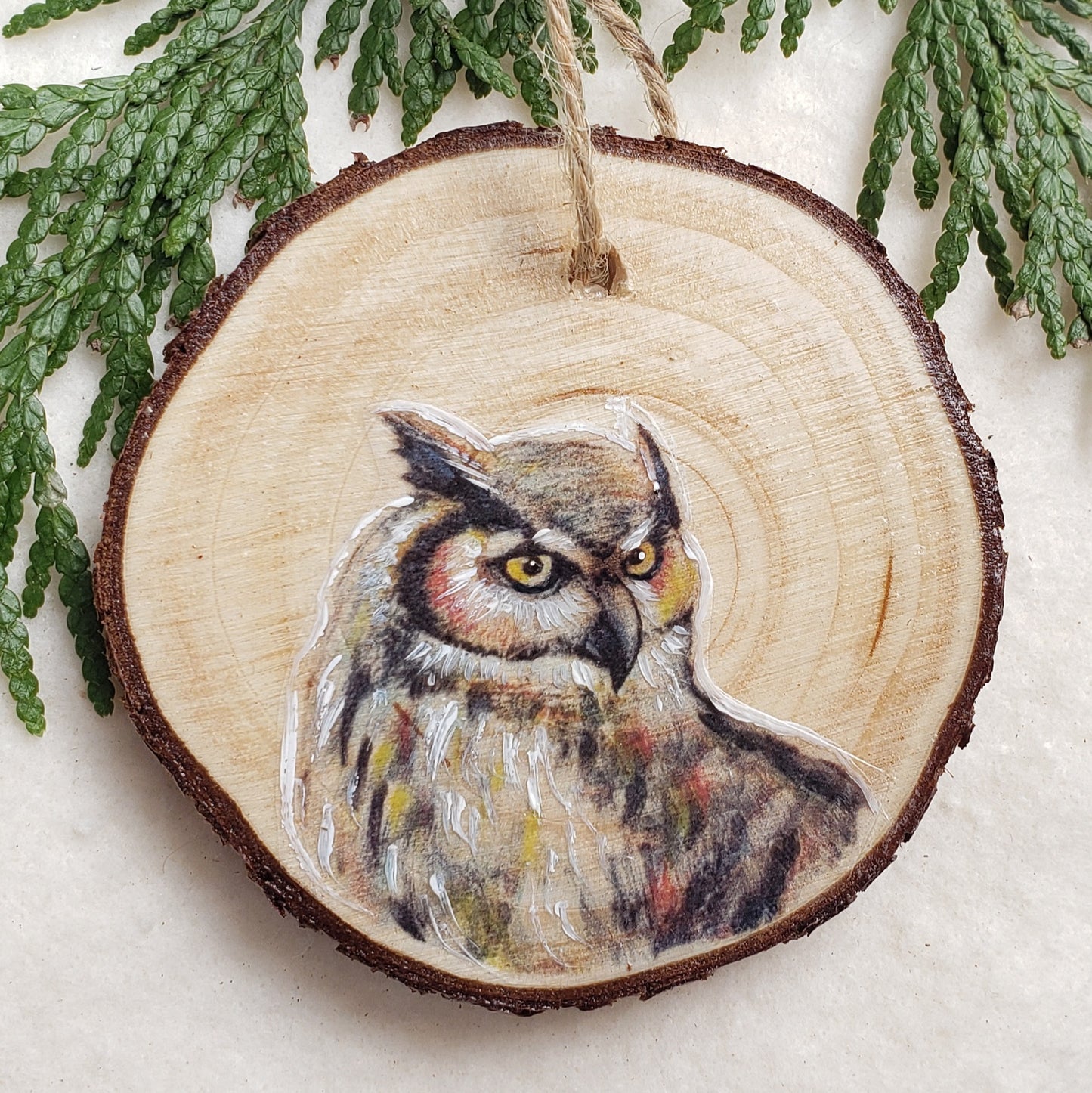 Great Horned Owl - wood slice, hand made ornament