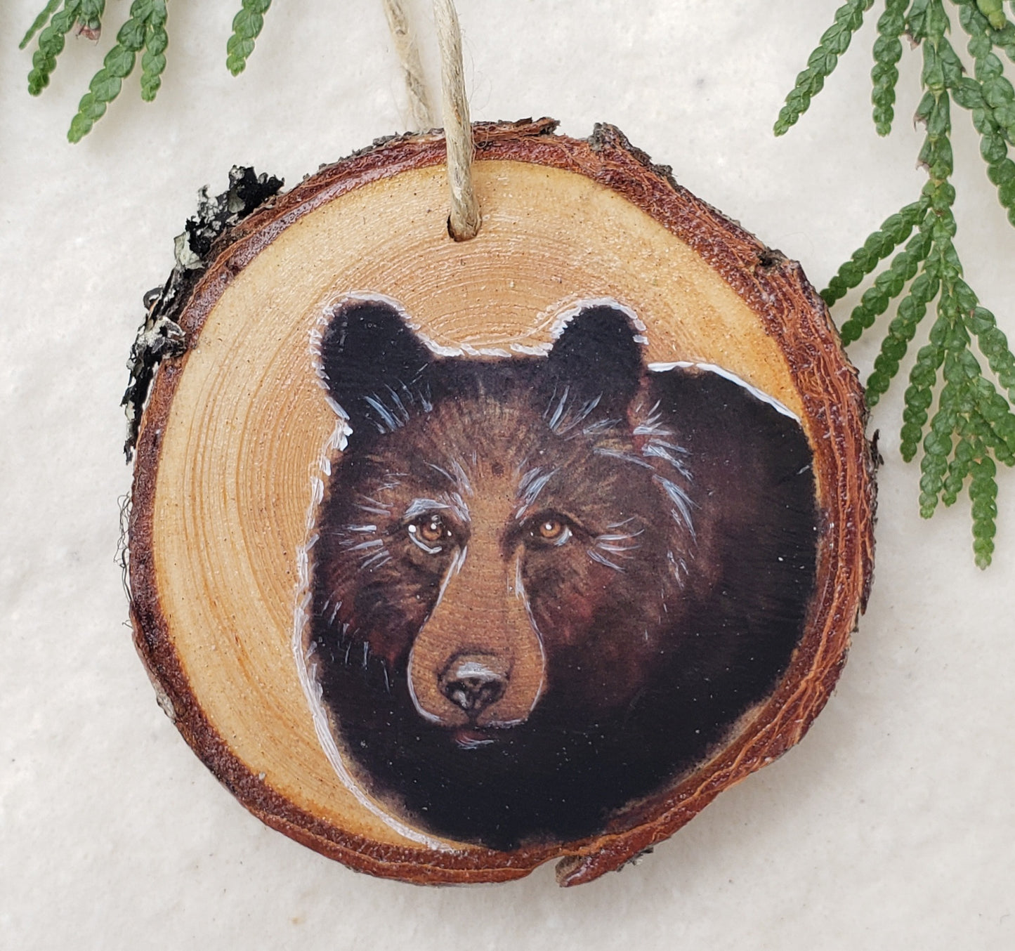 Black Bear - wood slice, hand made ornament
