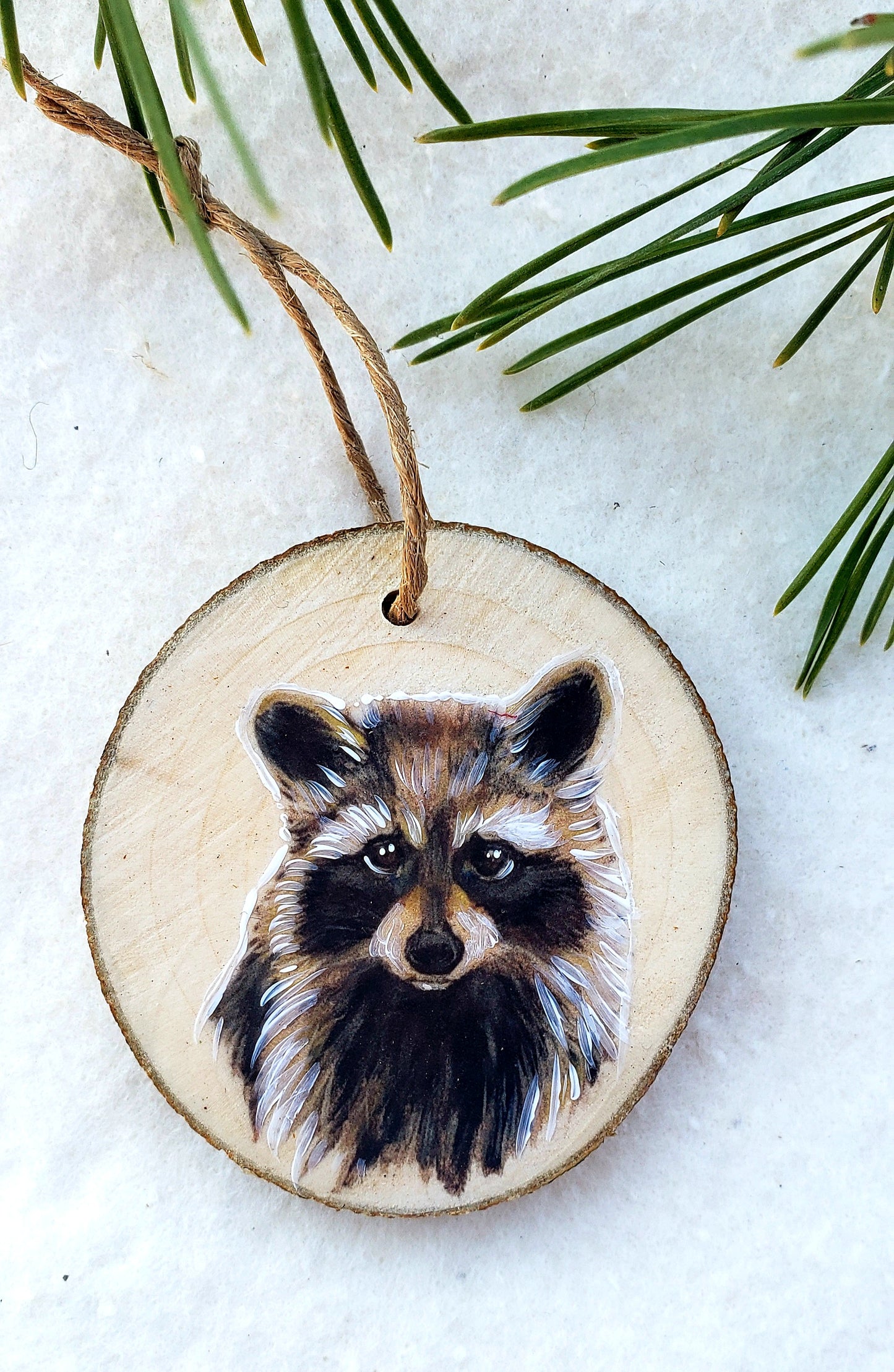 Raccoon - wood slice, hand made ornament