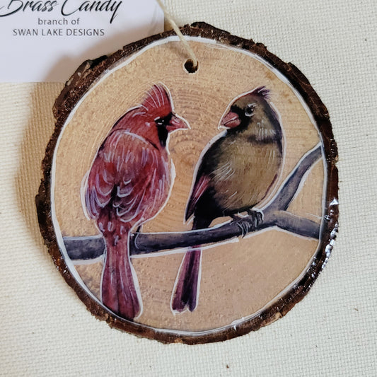 Cardinal pair - wood slice, hand made ornament