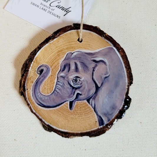 Elephant - wood slice, hand made ornament