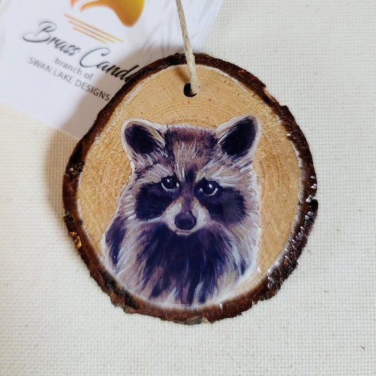 Raccoon - wood slice, hand made ornament