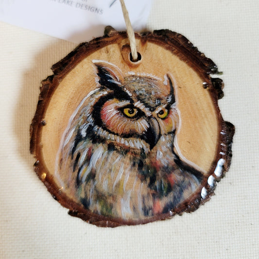 Great Horned Owl - wood slice, hand made ornament