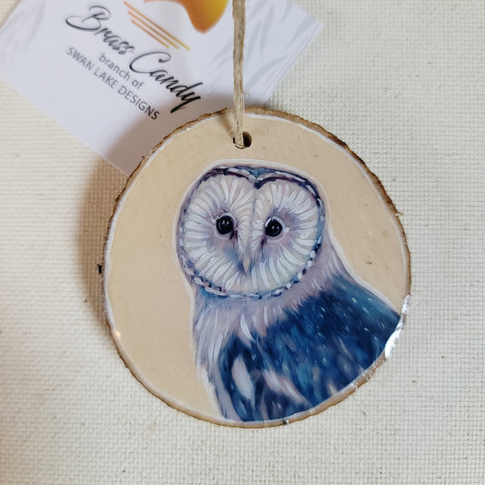 Barn Owl - wood slice, hand made ornament